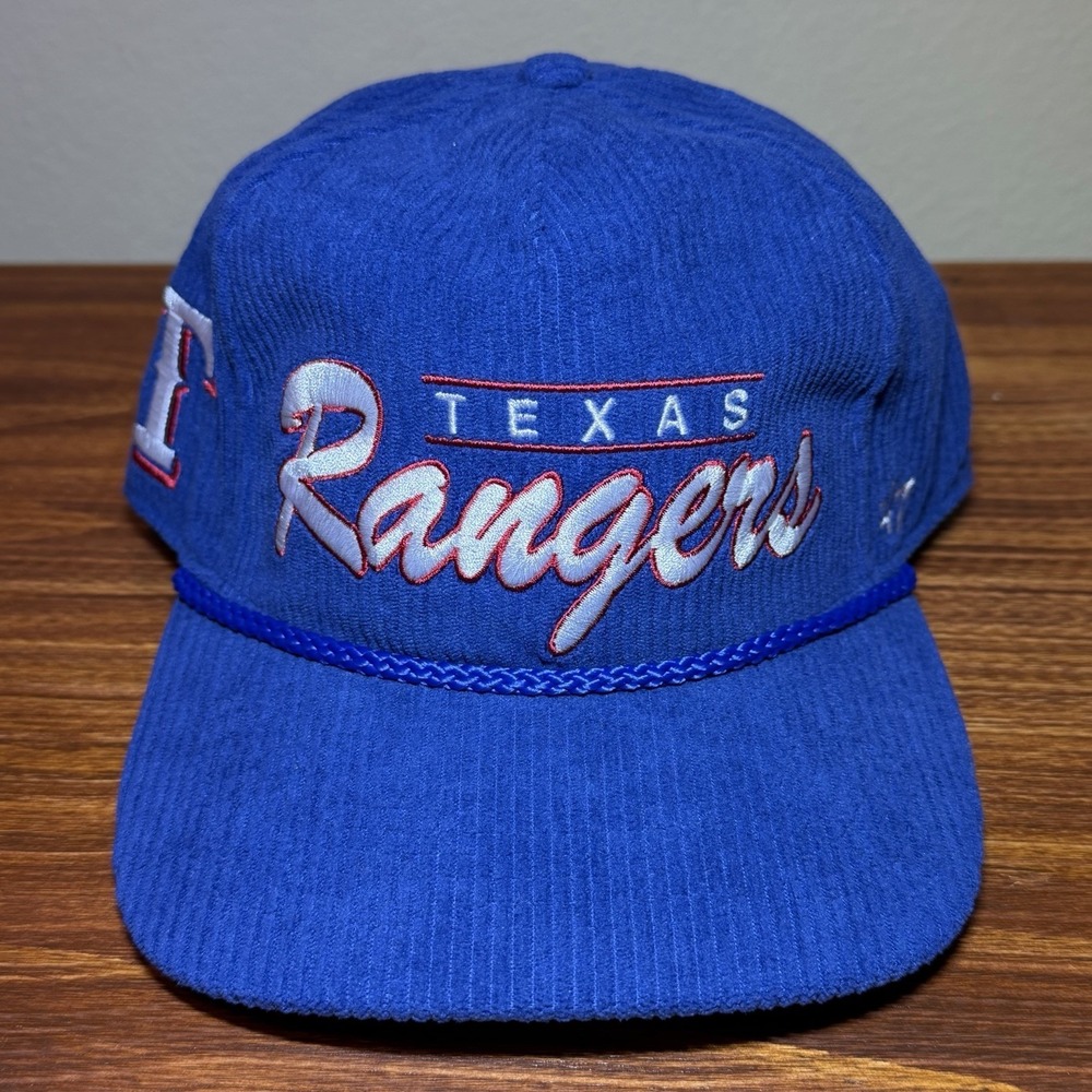 Texas Rangers MLB '47 Brand Blue Script Hitch Rope Corduroy Snapback Hat NEW
